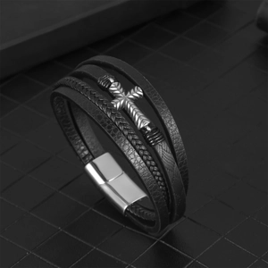 Men's multilayer black leather braided bracelet with silver cross and magnetic buckle
