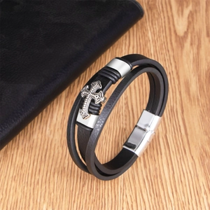 Multi-layer black leather men's bracelet with vintage silver cross and magnetic clasp