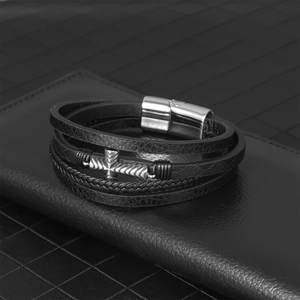 Men's multilayer black braided leather bracelet with silver stainless steel cross and magnetic clasp