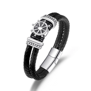 Men Retro Braided Leather Bracelet With Stainless Steel Rudder Pendant Nautical Fashion Jewelry Magnetic Clasp Wristband