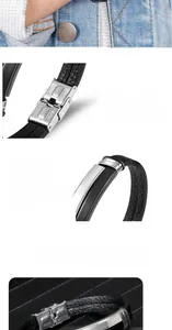 Detail of multi-layer braided black PU leather bracelet with stainless steel clasp