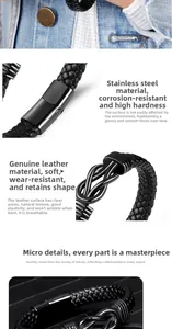 Detail of woven black leather strap and black stainless steel magnetic clasp for men