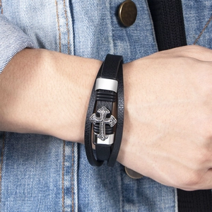Mens vintage multilayer black leather bracelet with retro silver alloy cross charm