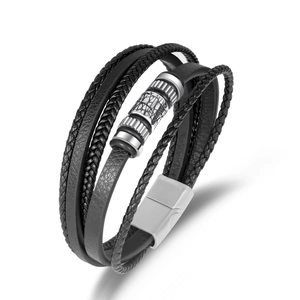 Men Multi-layer Leather Bracelet Braided Rope Stainless Steel Magnetic Clasp Vintage Urban Casual Fashion Jewelry Hand Band