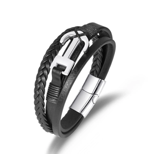 Bracciale da Uomo in Pelle Intrecciata Multistrato Stile Nautico Vintage Con Ciondolo ad Ancora in Acciaio Inossidabile Chiusura Magnetica Gioielli
