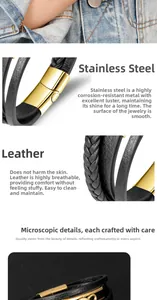 Détail du bracelet en cuir noir tressé pour homme avec fermoir magnétique en acier doré