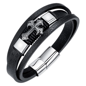 Men's multi-layer braided leather bracelet with vintage silver cross and magnetic clasp