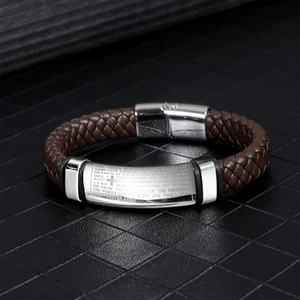 Bracelet pour homme en cuir tressé avec plaque de prière et croix en acier inoxydable