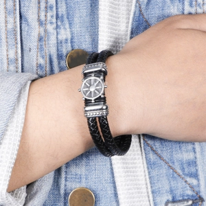 Men's double-layered black braided leather nautical bracelet with silver steering wheel charm