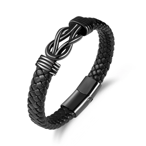 Men Woven Leather Bracelet With Stainless Steel Infinity Knot Magnetic Clasp Black Braided Wristband Fashion Minimalist Jewelry
