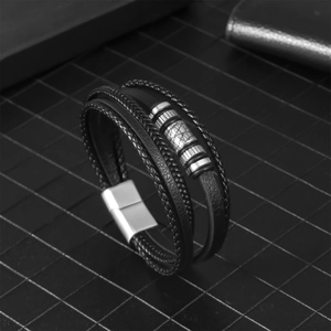 Men's multilayer black braided leather bracelet with vintage silver magnetic metal clasp