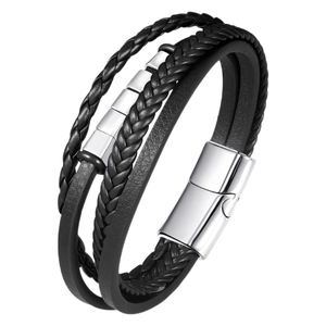 Bracelet multicouche en cuir PU tressé pour homme avec perles métal et fermoir aimanté