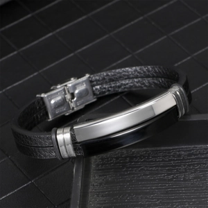 Retro multilayer black leather and 316L stainless steel bracelet for men with silver clasp