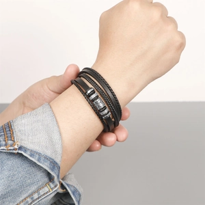 Multilayer braided leather bracelet for men with vintage silver stainless steel beads