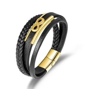 Bracelet Multicouche en Cuir pour Homme Symbole de l'Infini en Acier Inoxydable Tressé avec Fermoir Magnétique Or Bijoux de Mode