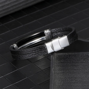 Men's multilayer black leather bracelet with brushed stainless steel clasp and minimalist style