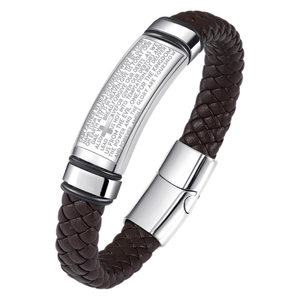Bracelet pour homme en cuir tressé marron avec croix en acier et gravure de la prière du Seigneur