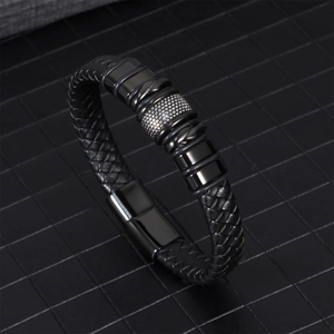 Bracciale da uomo in pelle nera intrecciata con perla d'argento e chiusura magnetica