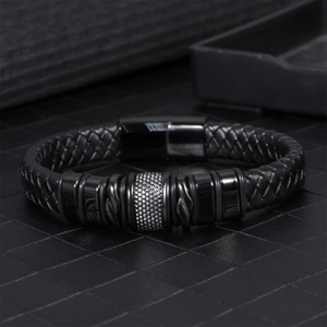 Bracciale da uomo in pelle nera intrecciata con chiusura magnetica e perle in acciaio