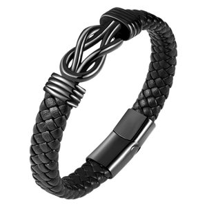 Men's braided black leather bracelet with infinity knot and magnetic metal clasp
