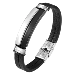 Men's vintage multilayer black leather bracelet with engraved stainless steel clasp