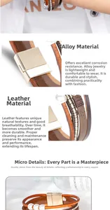 Detail view of Bohemian multi-layer leather bracelet with gold magnetic clasp and pearls