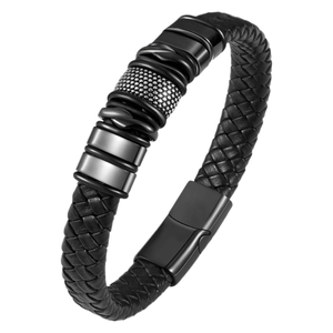 Bracciale da uomo in pelle nera intrecciata con chiusura magnetica in stile industriale