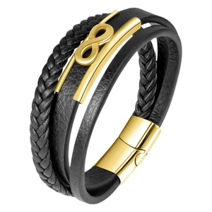 Bracelet multicouche en cuir noir pour homme avec symbole infini en acier doré