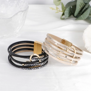 Multi-layer leather bracelet for women with heart charm and magnetic clasp on silk