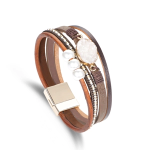 Bohemian Multi-Layer Leather Bracelet With Druzy Stone Faux Artificial Pearl Alloy Magnetic Buckle Brown Wrap Bracelet For Women