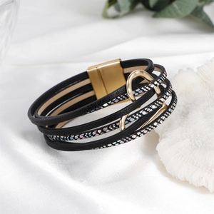 Multi-layer black leather bracelet with silver sequins and golden magnetic clasp