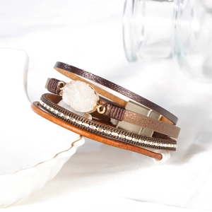 Bohemian multi-layer leather bracelet with white druzy stone and magnetic clasp