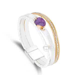 Bohemian Multi Layer White Leather Wrap Bracelet Purple Druzy Stone Artificial Pearl Alloy Rhinestone Magnetic Buckle Women Jewelry