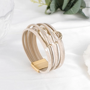 Multilayer leather wrap bracelet with golden heart charm and magnetic buckle for women