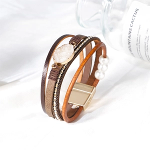 Bohemian multilayer leather bracelet with pearls, stones and gold magnetic clasp