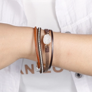 Bohemian multilayer leather wrap bracelet featuring white druzy stone and magnetic clasp