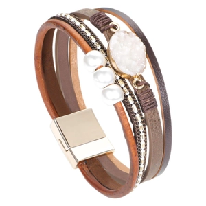 Bohemian multilayer leather wrap bracelet with white druzy stone and magnetic clasp