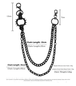 Détails de la chaîne de pantalon punk à double couche avec pointes et fermoirs mousquetons