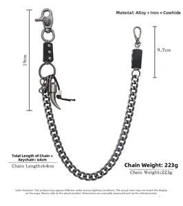 Detail of punk hip hop waist chain with silver alloy links and black cowhide trim