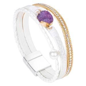 Multilayer bohemian white leather wrap bracelet with purple druzy and pearl magnetic clasp