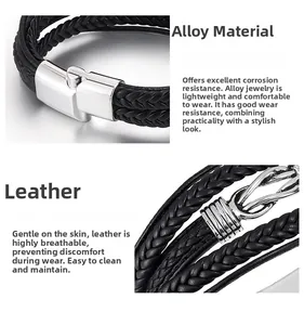 Detailed close-up of the silver alloy clasp and black braided leather layers on men's bracelet