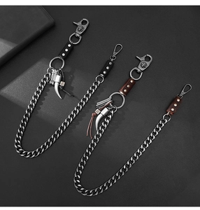 Detail of vintage hip-hop wallet chains featuring silver alloy links and leather accents