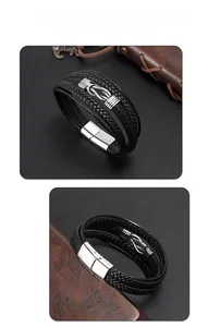 Detailed close-up of multi-layer leather bracelet with silver knot and magnetic clasp