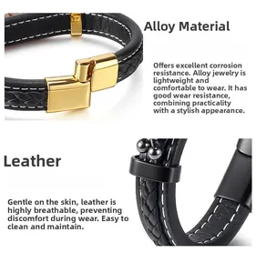 Detailed close-up of woven black leather bracelet with gold magnetic alloy clasp