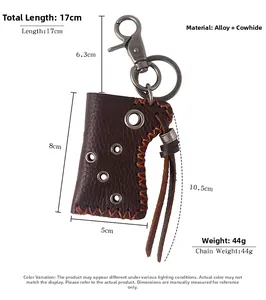 Brown cowhide leather lighter case keychain with axe shape and vintage alloy clip