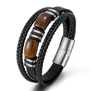 Bracelet pour Homme Multicouche en Cuir Tressé Pierre d'Oeil de Tigre Naturelle Acier Inoxydable Fermoir Magnétique Rétro