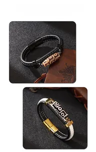 Detail of handmade leather bracelets featuring ethnic Dzi beads and magnetic clasps