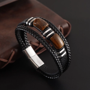 Bracelet multicouche en cuir pour homme avec pierres oeil de tigre et fermoir magnétique