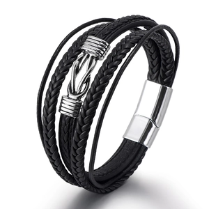 Men Genuine Leather Bracelet Multi-layer Braided Infinite Symbol Punk Style Black Hand-woven Bangle Alloy Magnetic Clasp Jewelry