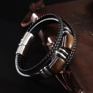 Bracelet multicouche en cuir pour homme avec oeil de tigre et fermoir magnétique en inox